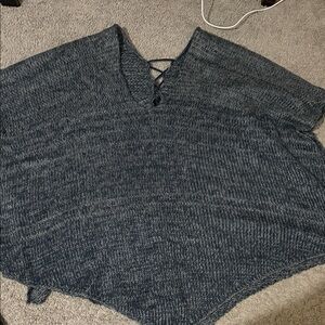 Blue/Gray Knit Poncho with Lace-Up Detail